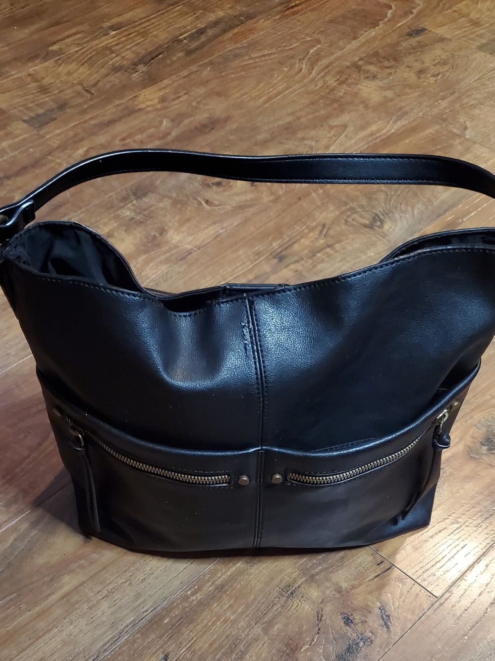 Sonoma Black Leatherette Shoulder Bag with Front Zips